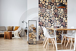 Dining room interior with firewood