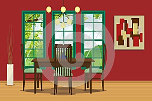 Dining room interior with table, chair, hanging lamp and wall decoration.Vector illustration.
