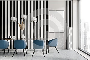 Dining room interior with table and chairs, black and white stripes wall