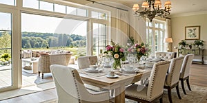 Dining room interior with table, chairs, and dinnerware