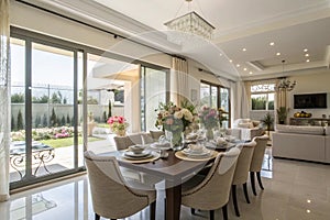 Dining room interior with table, chairs, and dinnerware