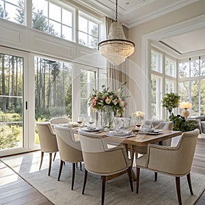 Dining room interior with table, chairs, and dinnerware