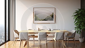 Dining room interior, table with chairs and a framed horizontal poster above it. 3d rendering mock up