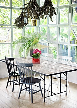 Dining room interior with table, chairs and plants against big w