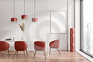 Dining room interior with table and chairs, red and white design