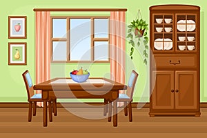 Dining room interior with table and cupboard. Vector illustration.