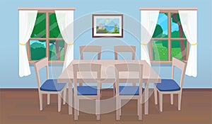 Dining room interior with table and windows