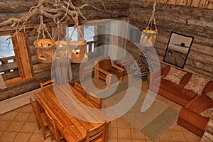 Dining room interior of a wooden house