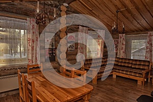 Dining room interior of a wooden house