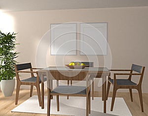 Dining room interior with wooden table and 2 picture frames, 3d illustration, 3d rendering