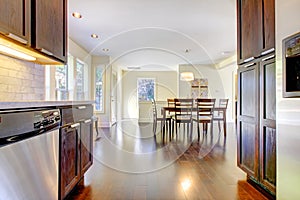 Dining room and kitchen in bright modern home.