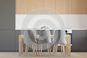 Dining room and kitchen copy space on white background, front view,dining table set,wooden table on wooden floor,Home interior.