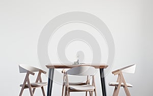 Dining room and kitchen copy space on white background, front view,dining table set,wooden table on wooden floor,Home interior.