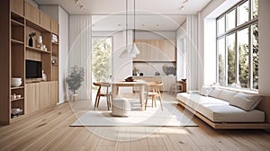 Dining room and kitchen in a new open plan home. Features White walls and ceiling and parquet floors. Beautiful