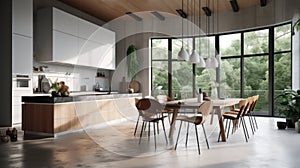 Dining room and kitchen in a new open plan home. Features White walls and ceiling and parquet floors. Beautiful