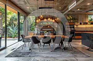 Dining Room With Large Wooden Table and Black Chairs