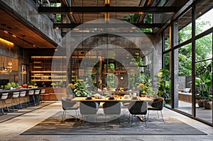 Dining Room With Large Wooden Table and Black Chairs