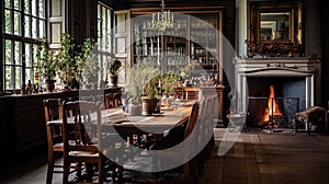 A dining room with a long wooden table, antique chairs and candlesticks