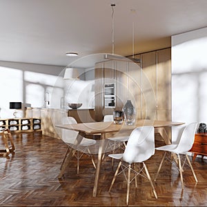 Dining room in minimalistic white interior 3d render