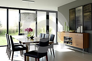 Dining room in modern house with white walls, tiled floor, wooden table and black chairs. 3d rendering