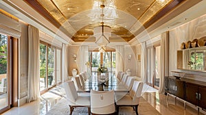 In a dining room a polished plaster ceiling adds a touch of opulence and sophistication. The smooth finish contrasts