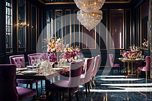 A dining room with purple velvet chairs, dark walls, gold trimming, a chandelier