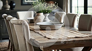 A dining room with a rustic retreat feel showcases a rough burlap table runner with frayed edges p over a wooden