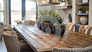 In the dining room a rustic wooden table is paired with modern highback chairs upholstered in a variety of earthy tones