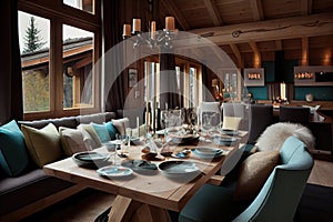 dining room sofa with bright cushions and big dining table on chalet