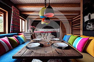 dining room sofa with bright cushions and big dining table on chalet