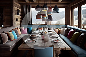 dining room sofa with bright cushions and big dining table on chalet
