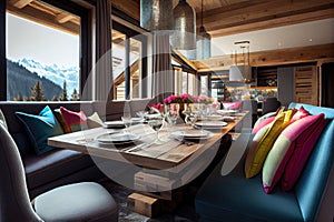 dining room sofa with bright cushions and big dining table on chalet