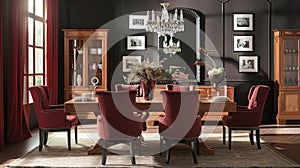 A dining room with a stunning cork table as the centerpiece surrounded by elegant highback chairs upholstered in a rich