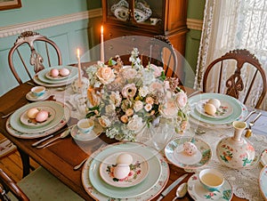 A dining room table adorned with beautiful Easter eggs, set for a festive and elegant dinner celebration