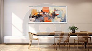 Dining room table with chairs and a painting on the wall