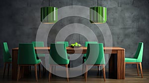 Dining room table featuring green chairs and bowl of fresh fruit. Perfect for home decor or kitchen