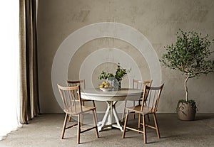 Dining room table. High quality illustration 3d render. Mockup empty wall. Country interior design with scandinavian