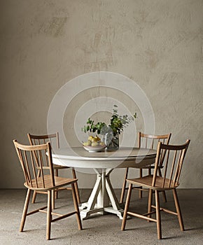 Dining room table. High quality illustration 3d rendering. Mockup empty wall. Country interior design with scandinavian