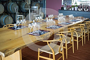 A dining room table set for wine sampling