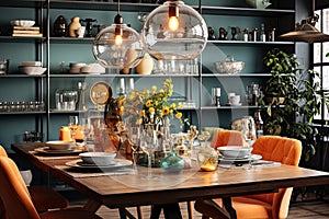Dining room in trendy style. Modern and vintage furniture accompany each other, colorful dishes and rustic chic -