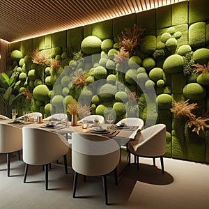artistic futurisitic dining room wall covered in sound-absorbing moss panels, acoustically pleasant environment. T photo