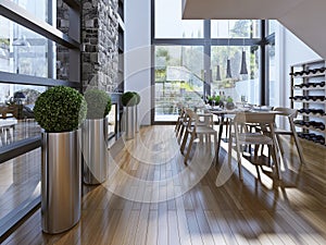 Dining room with wine rack high-tech style