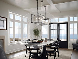 Dining room with wooden table and black chairs, decorated with green trees, natural light shines through windows