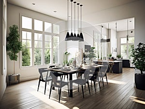 Dining room with wooden table and black chairs, decorated with green trees, natural light shines through windows