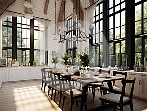 Dining room with wooden table and black chairs, decorated with green trees, natural light shines through windows