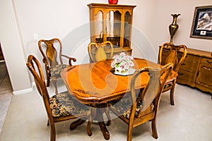 Dining Room Wooden Table, Chairs And Buffet Cabinet