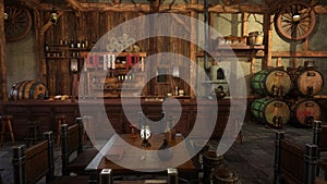 Dining table and bar in an old medieval tavern inn. 3D rendered illustration