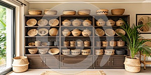 A dining table with a beige tablecloth and dishes made of natural mater