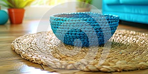 A dining table with a beige tablecloth and dishes made of natural materia