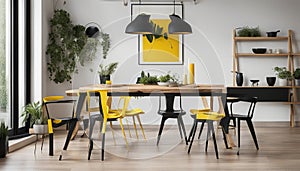 Dining table, black chairs, yellow poster, plants and firewood log rack in a modern dining room interior